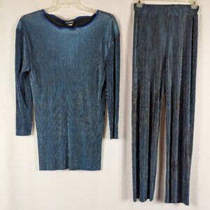 Axessorium Vintage Blue Metallic Accordian Top Pant Set Womens Sz Medium M